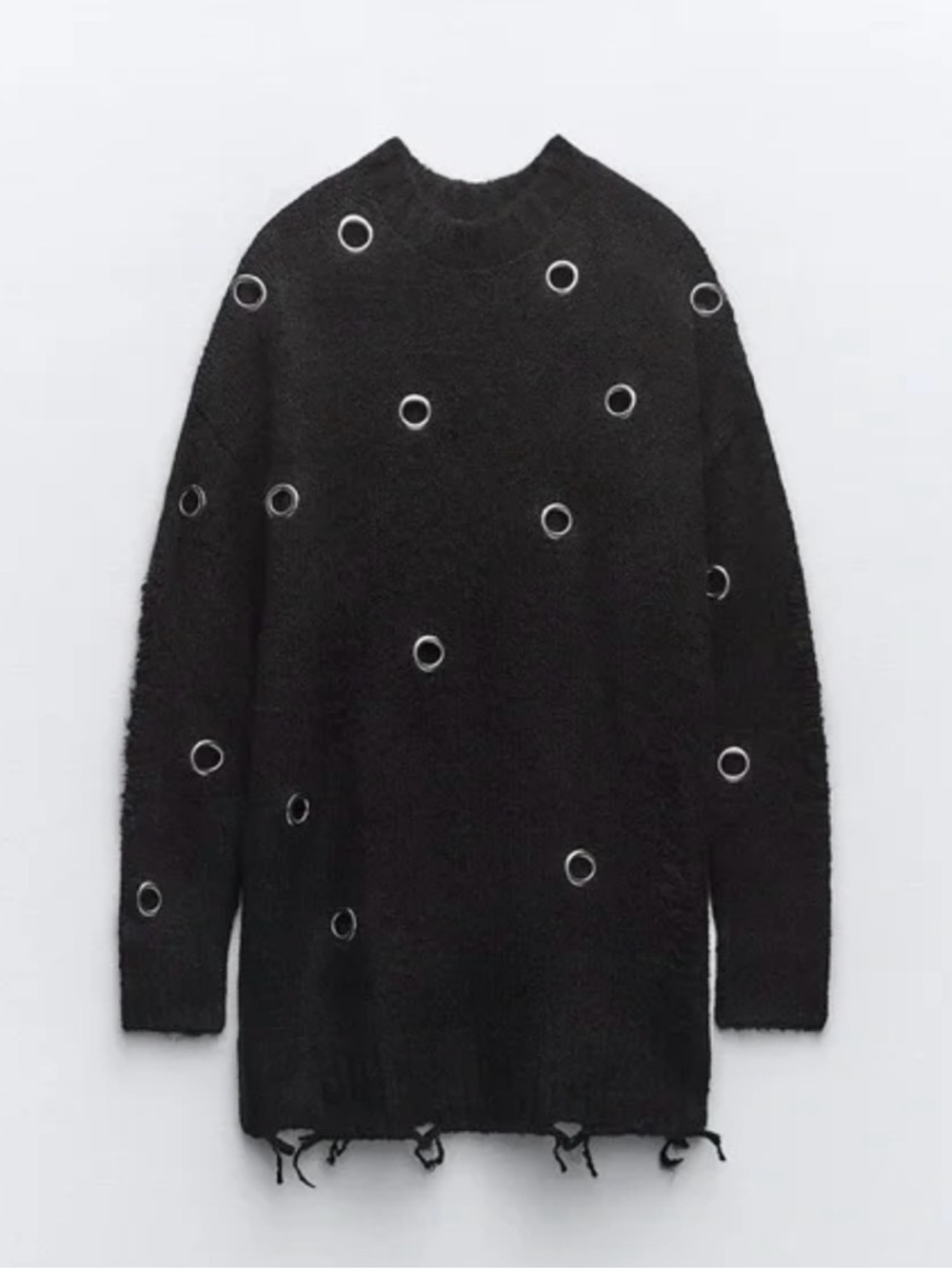 Zara Black Crewneck Sweater with Silver Ring Eyelets